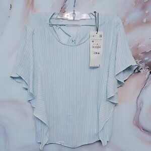 Zara TRF Women's Size M Bust 34 Blue/White Flowy Ruffled Sleeve Round Neck :)